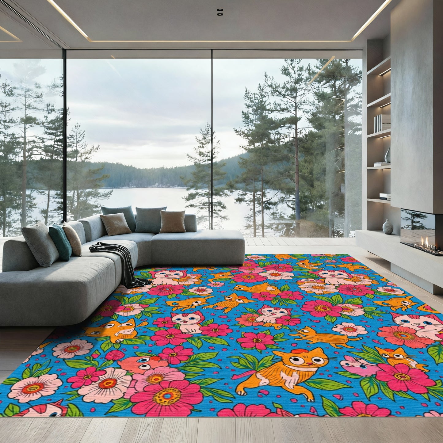 Playful Cats Amidst Pink Floral Clusters Rug