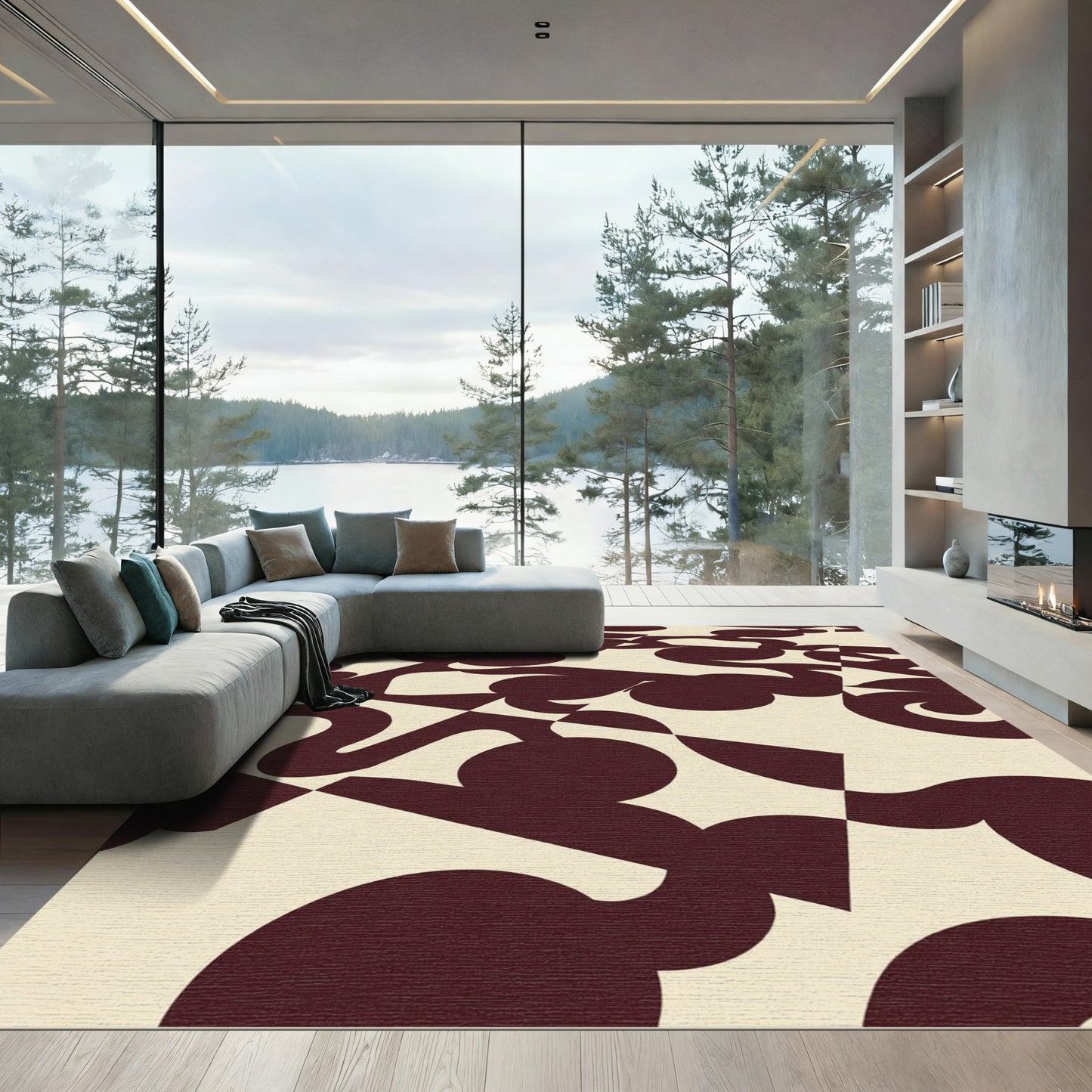 Crimson Cream Abstract Swirl Squares Rug