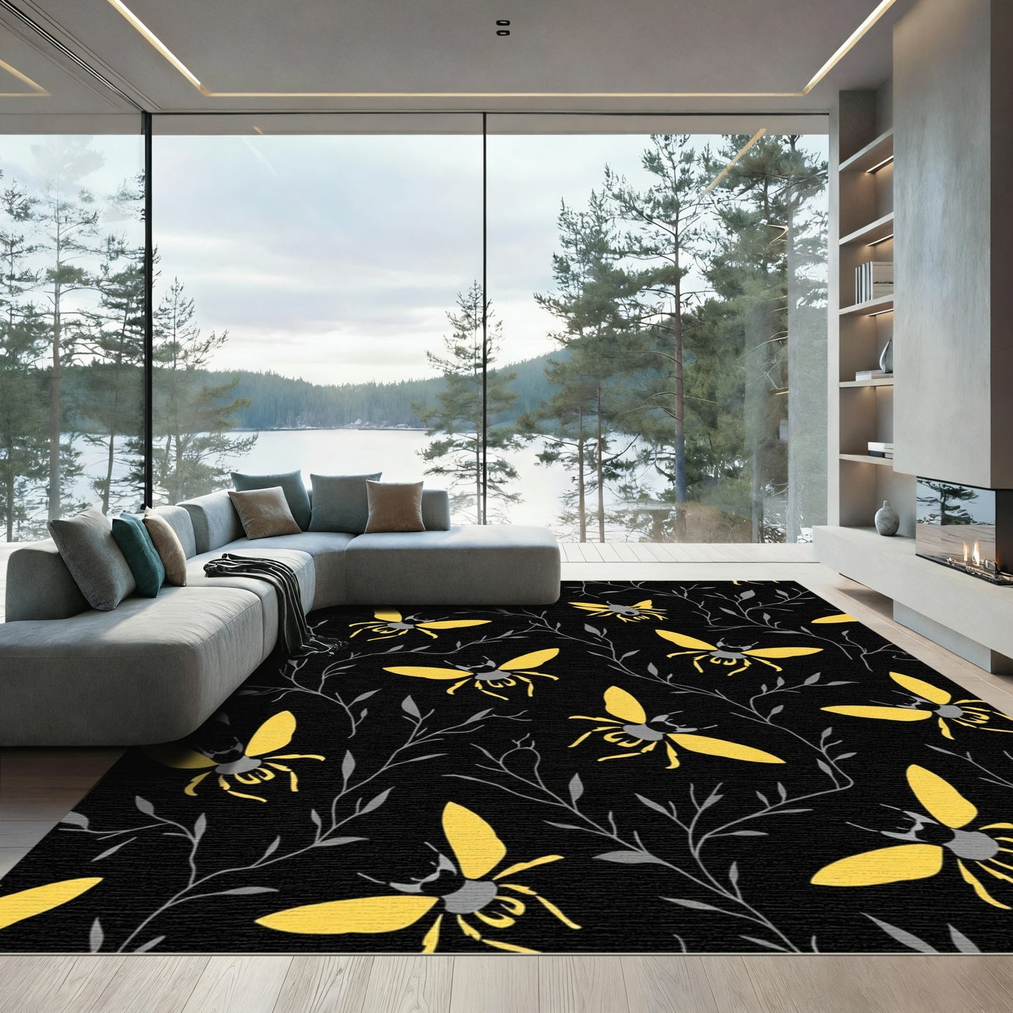 Yellow Bees Black Branch Swirl Rug