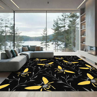 Yellow Bees Black Branch Swirl Rug