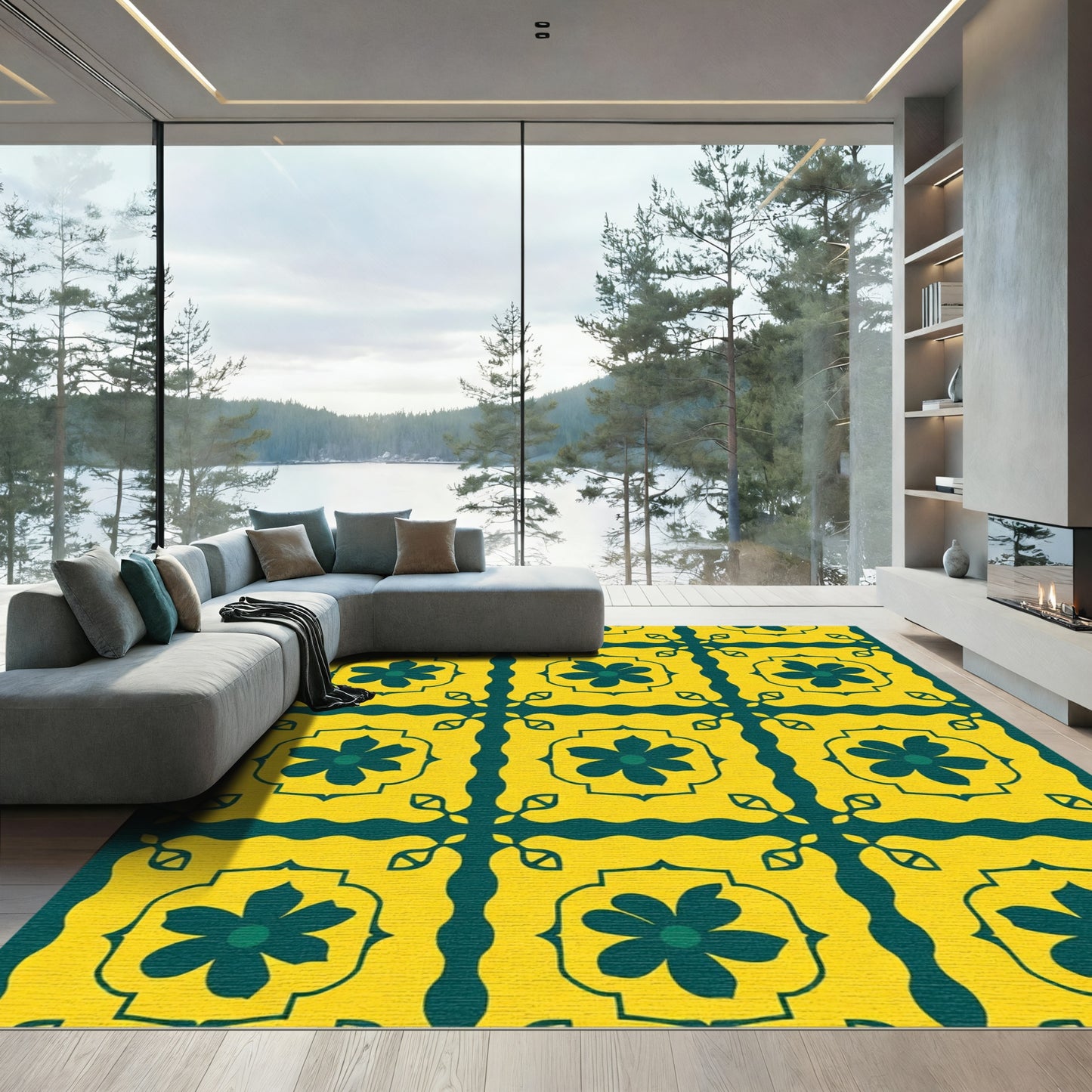 Yellow Teal Floral Square Tile Rug