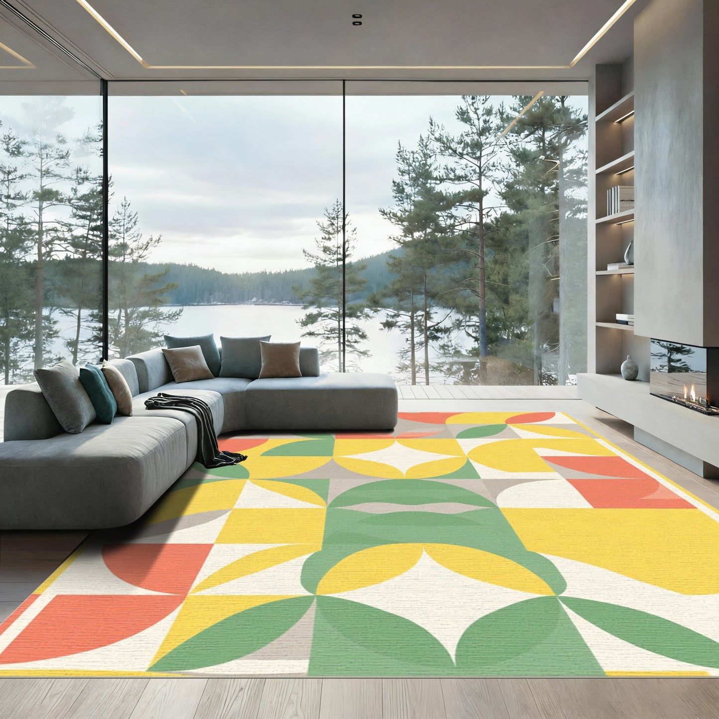 Mid-Century Coral Yellow Green Geometric Rug