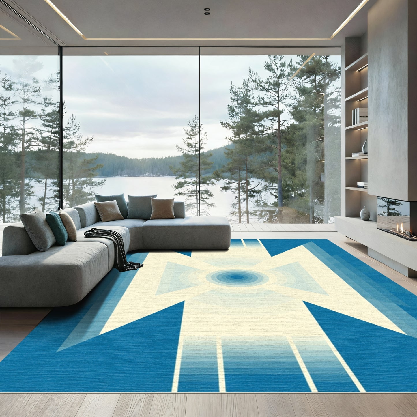 Deep Blue Gradient Geometric Sunburst Rug