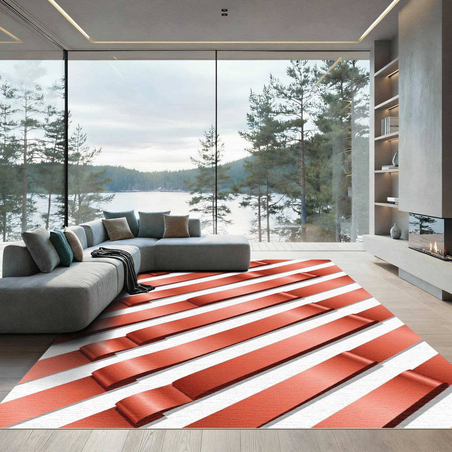 Coral Ribbon Diagonal Stripe Rug