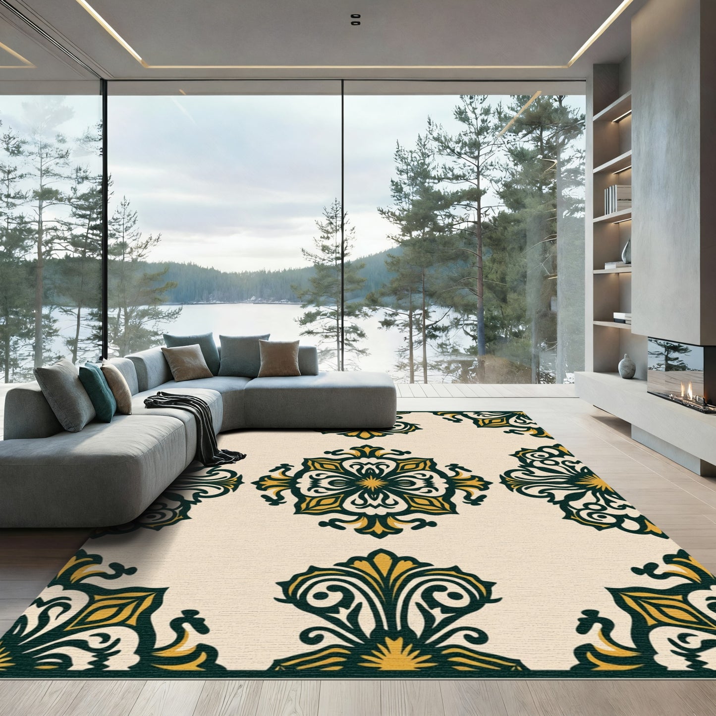 Ornate Gold and Teal Medallion Rug