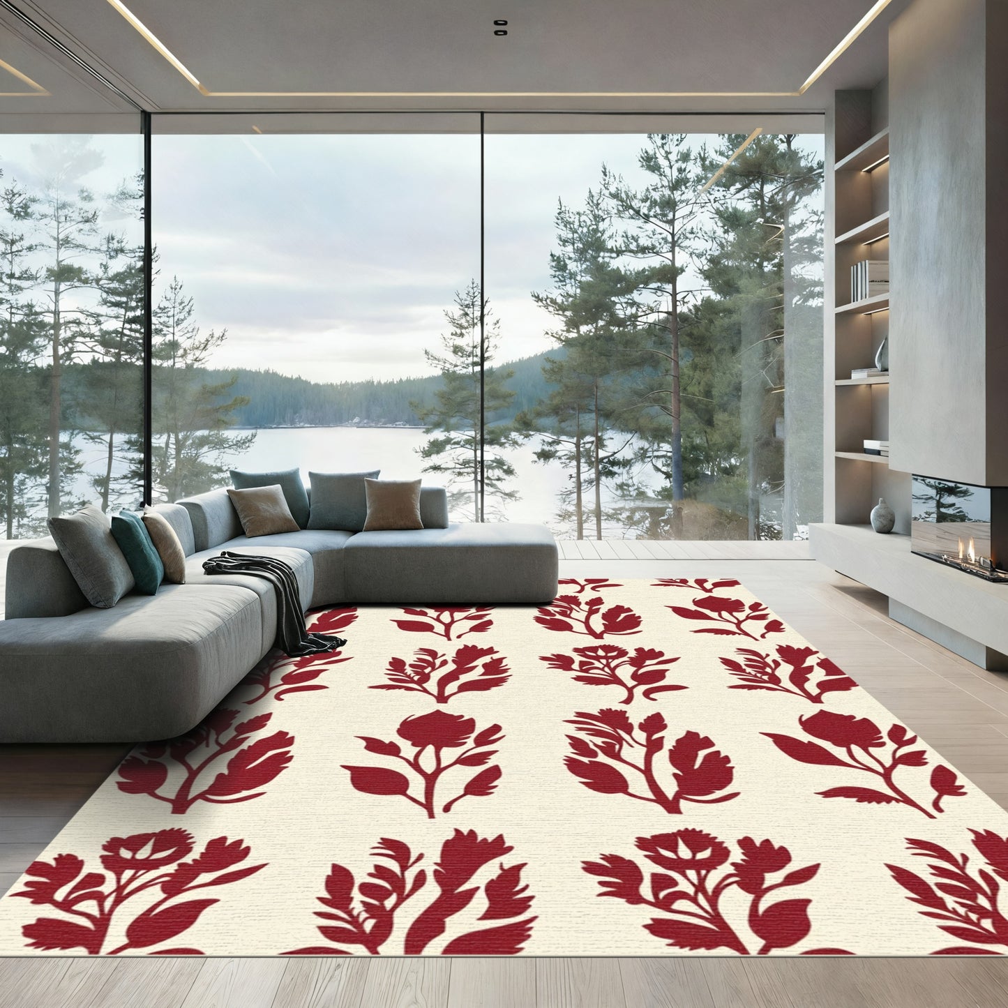 Deep Red Floral Branch Repeat Rug