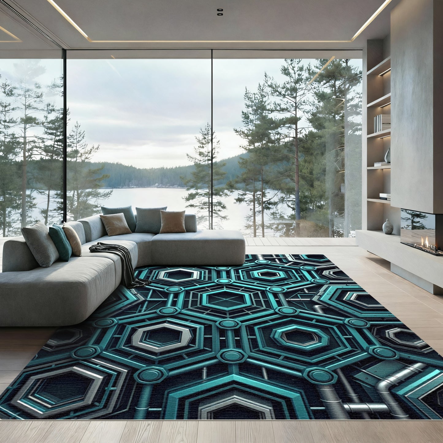 Teal Silver Hexagon Industrial Network Rug
