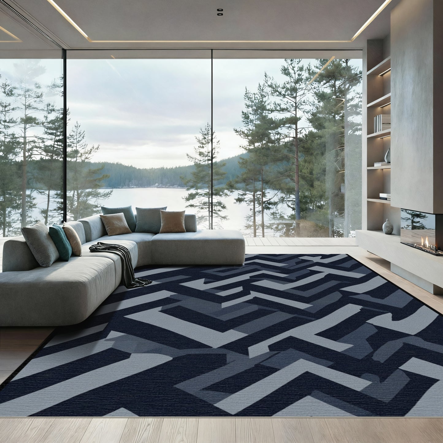 Dark Blue Camouflage Herringbone Rug