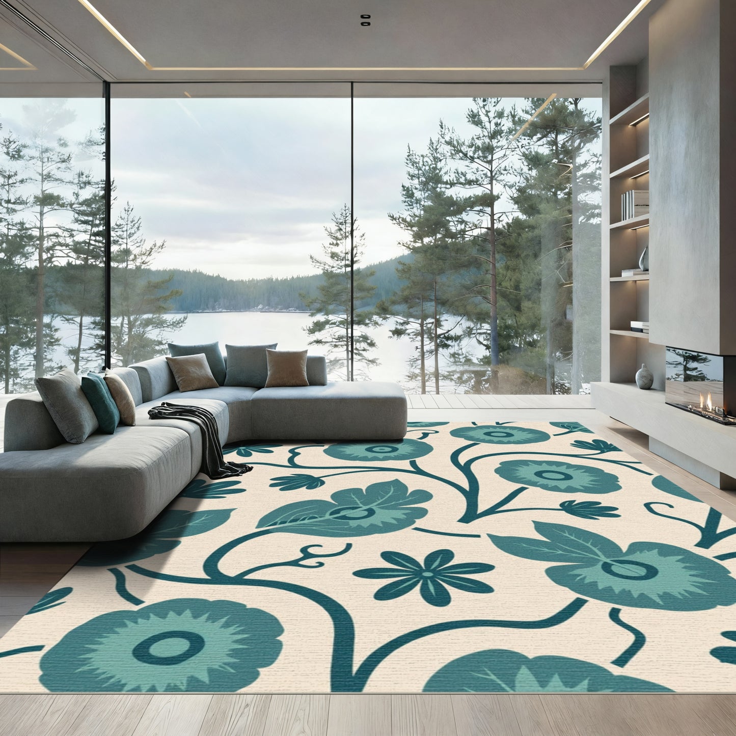 Teal Floral Vine Lattice Rug