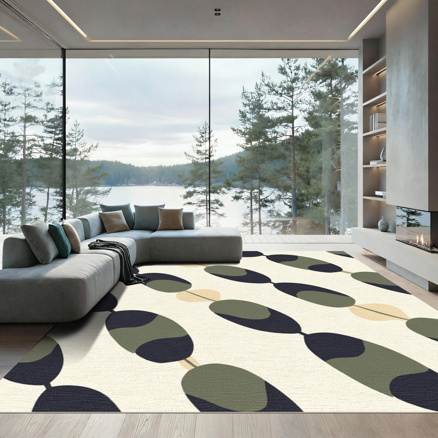 Olive Green Tan Abstract Oval Link Rug