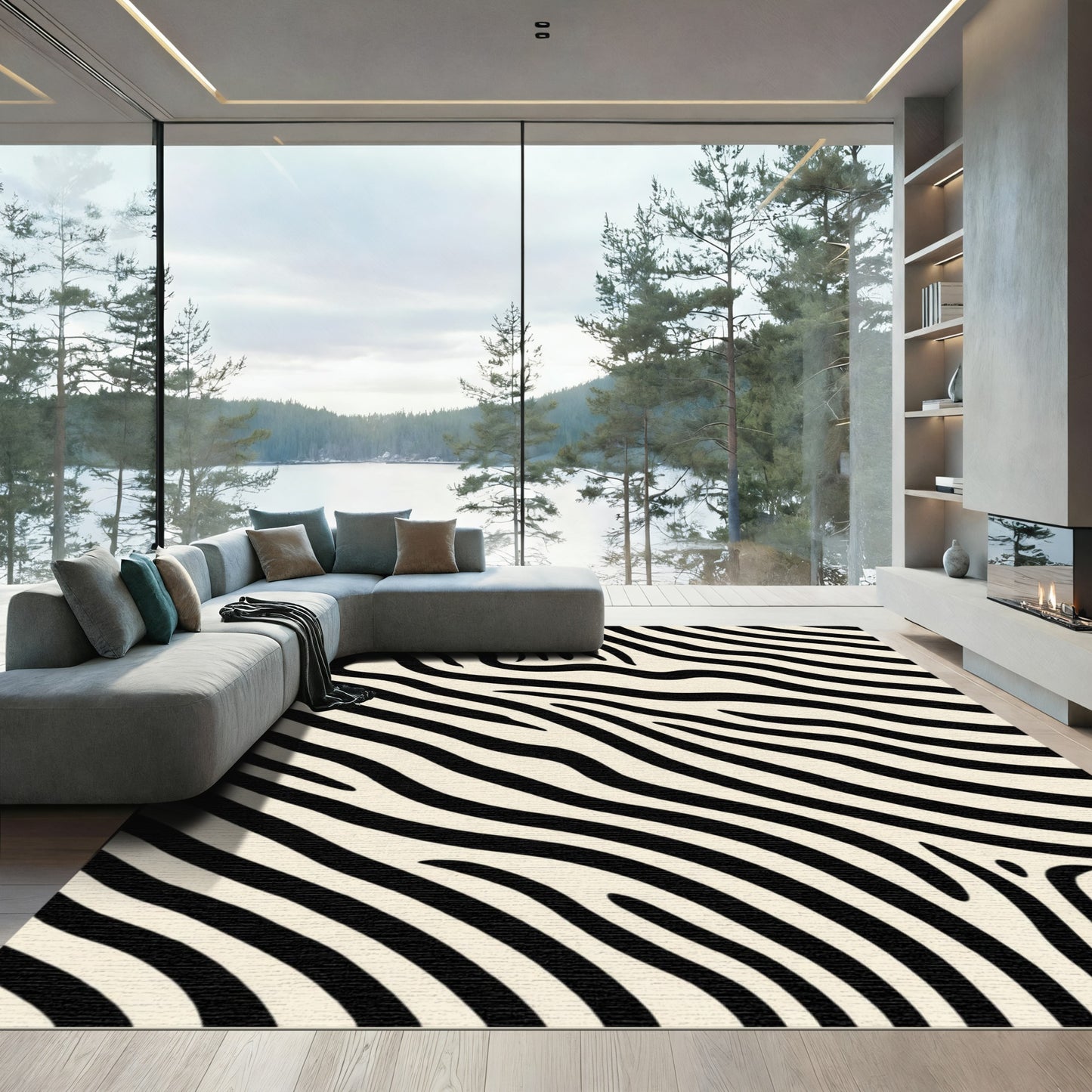 Cream Black Wavy Animal Print Rug