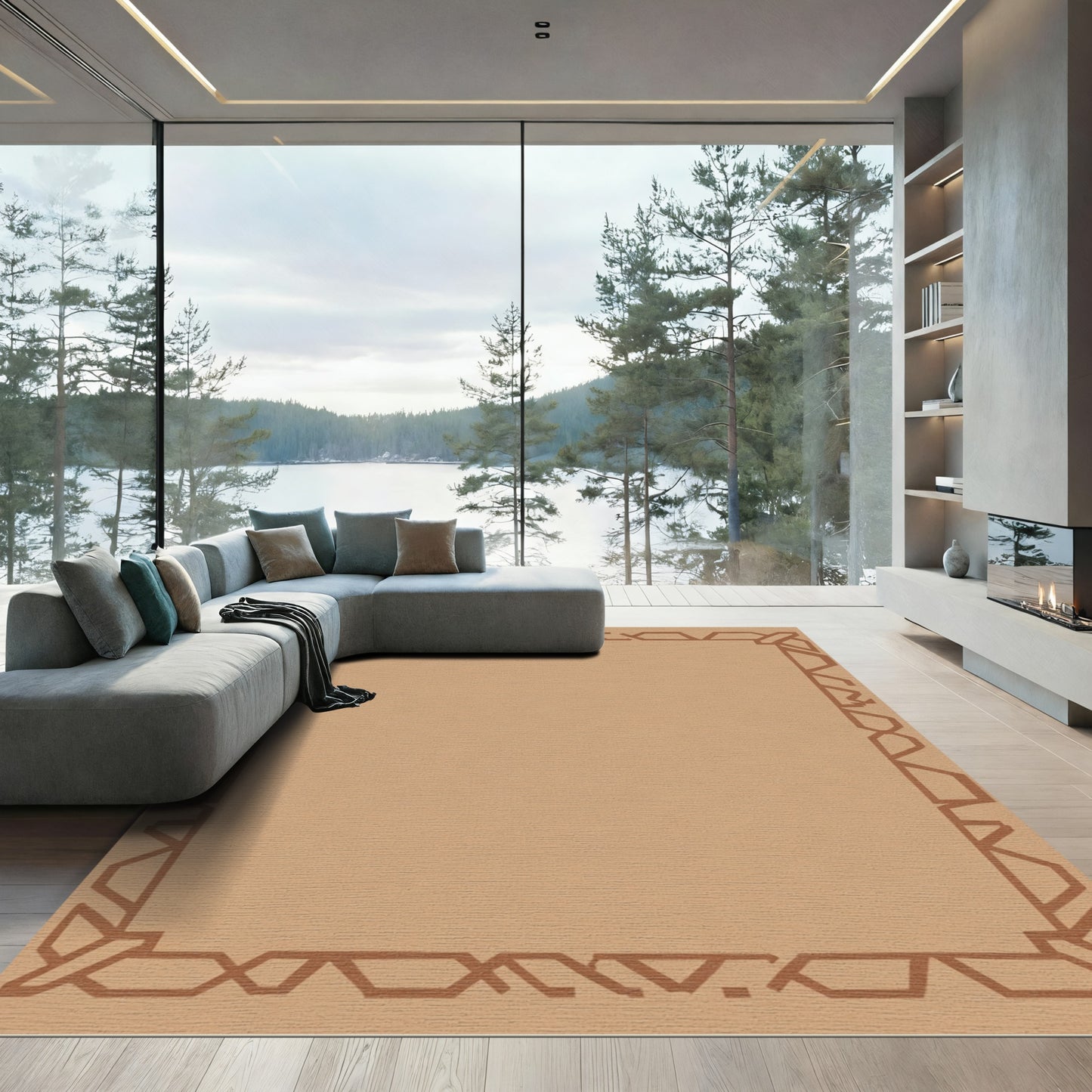 Geometric Brown Border Graphic Rug
