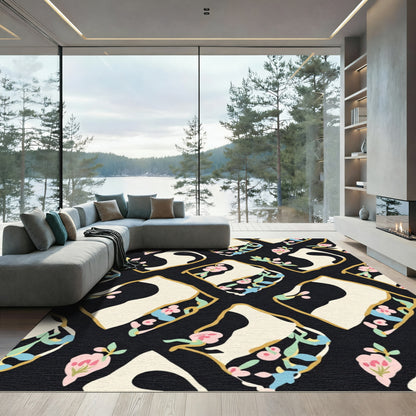 Black Pink Floral Abstract Diamond Rug