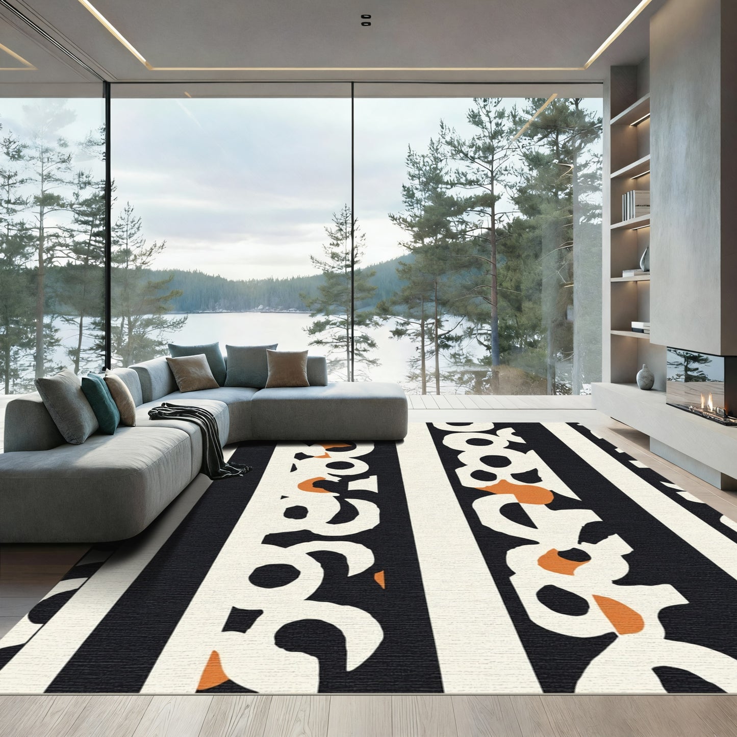 Abstract Black Cream Orange Organic Stripes Rug