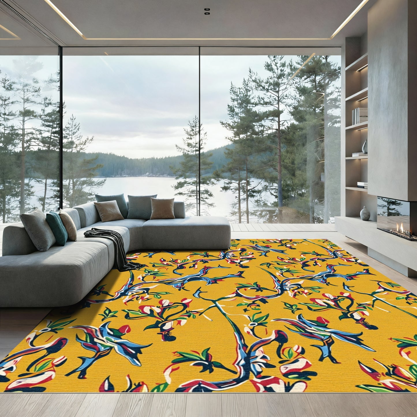 Vivid Yellow Abstract Floral Branches Rug