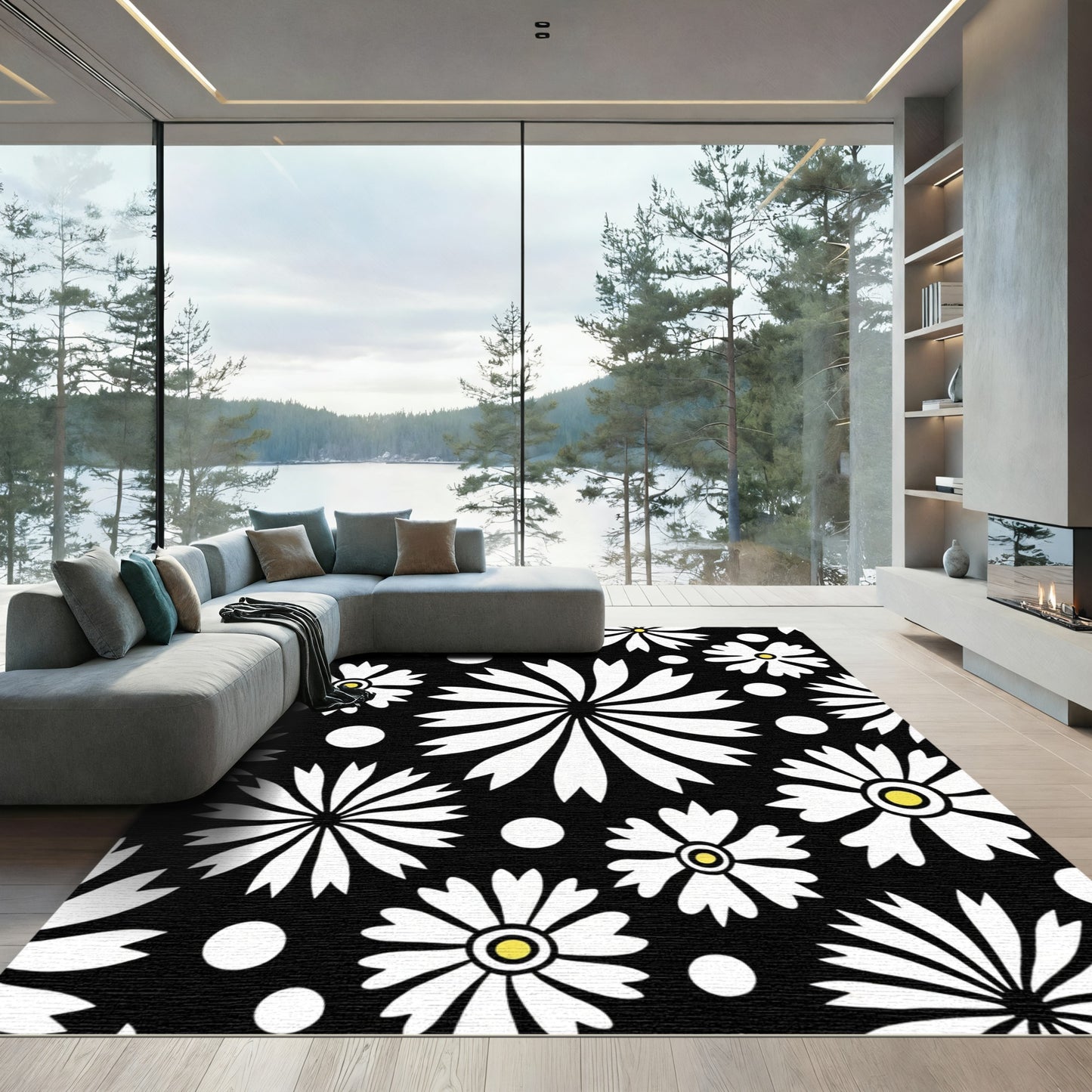 Bold Black White Daisy Circles Rug