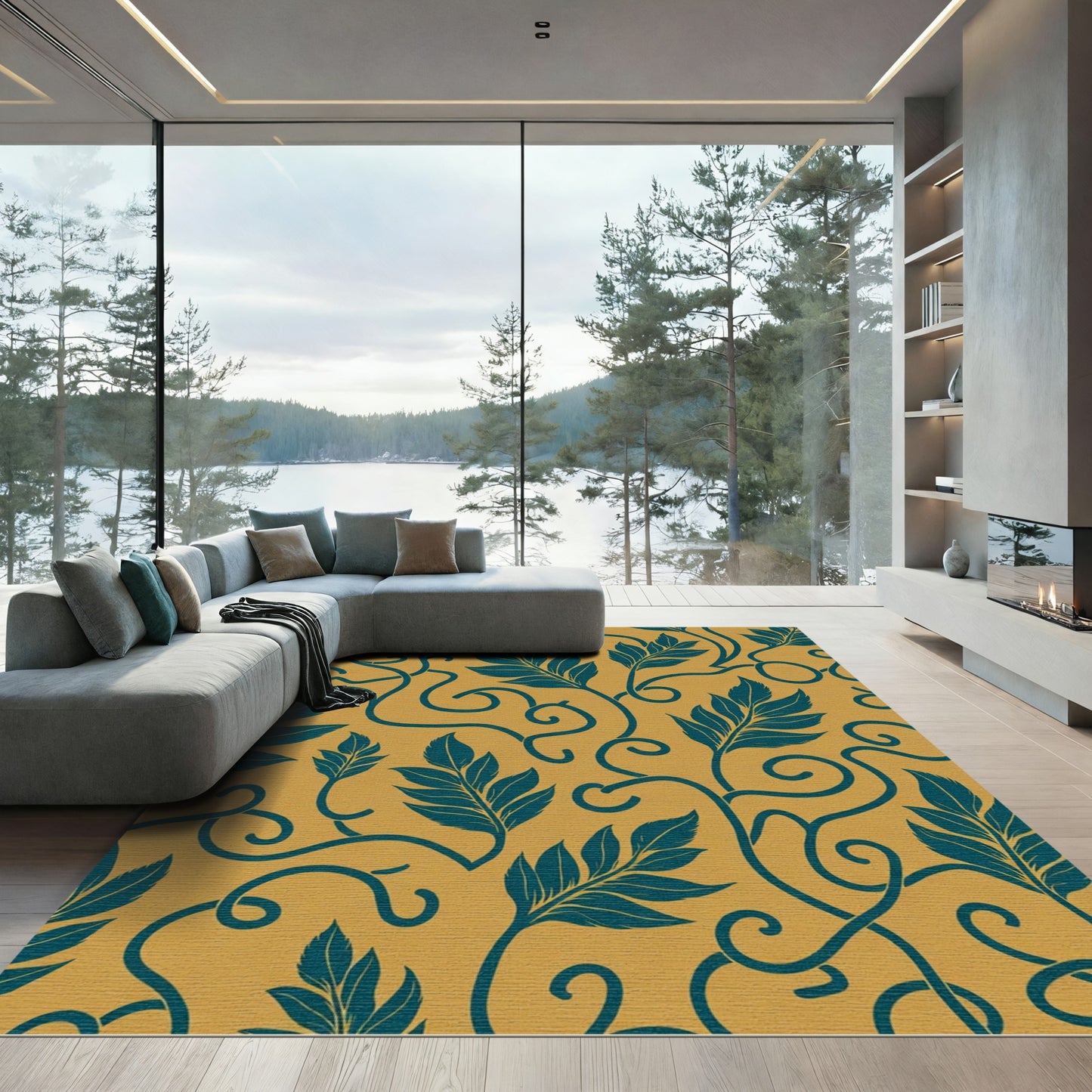 Golden Teal Leaf Scroll Rug