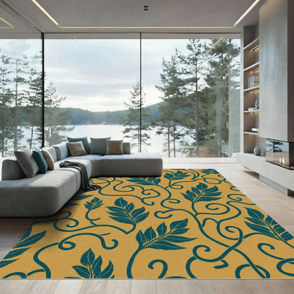 Golden Teal Leaf Scroll Rug