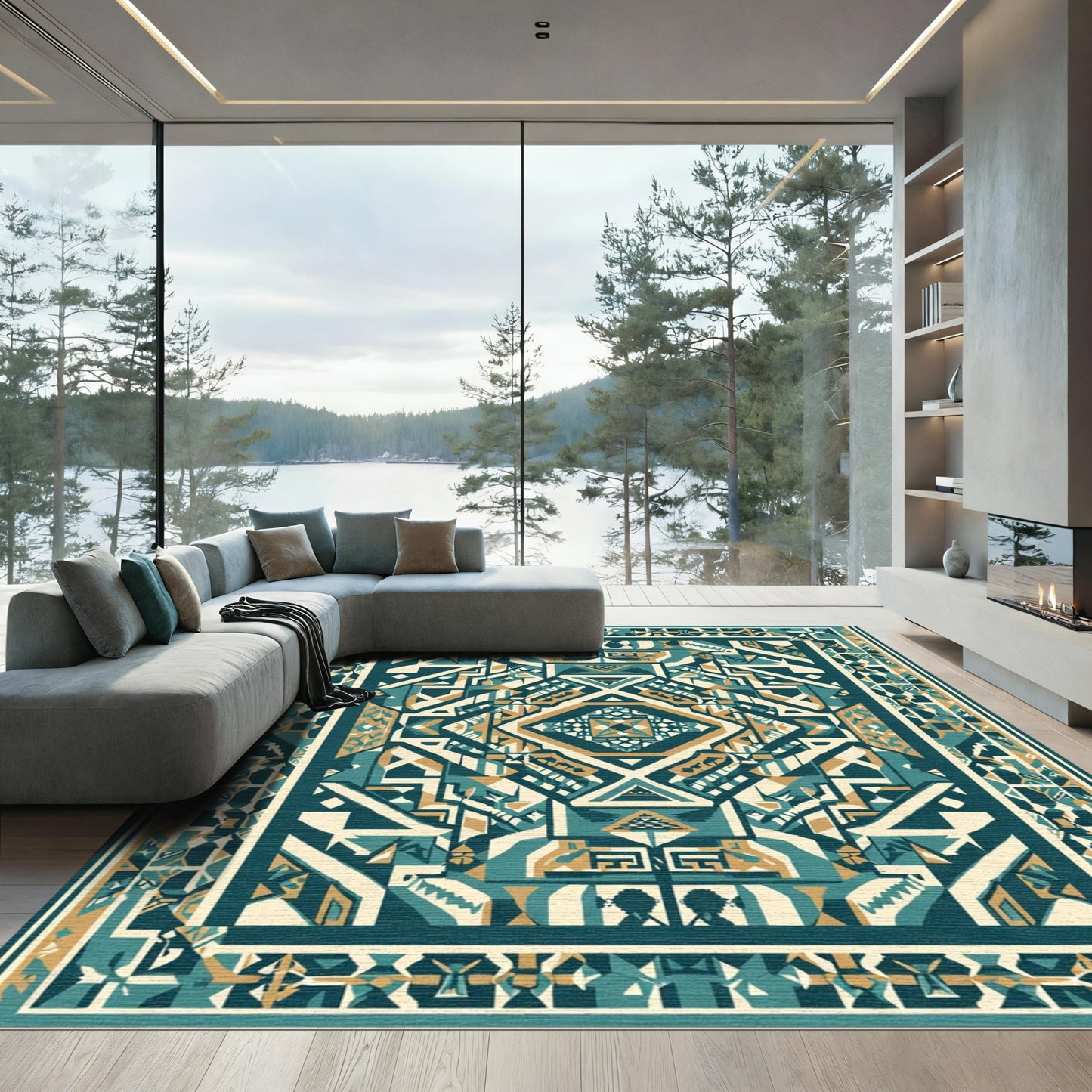 Teal Gold Geometric Ancestral Border Rug