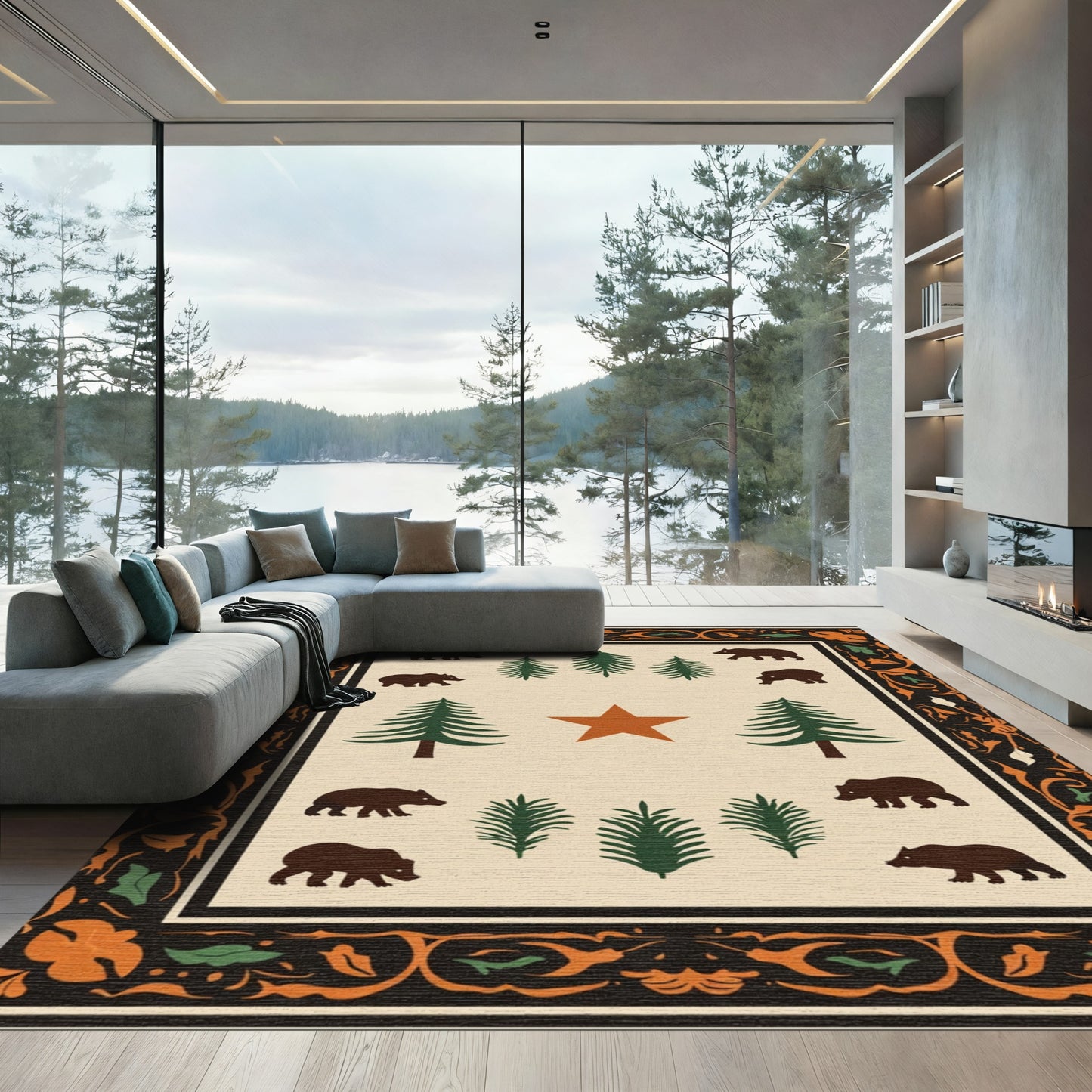 Rustic Bear Forest Star Border Rug