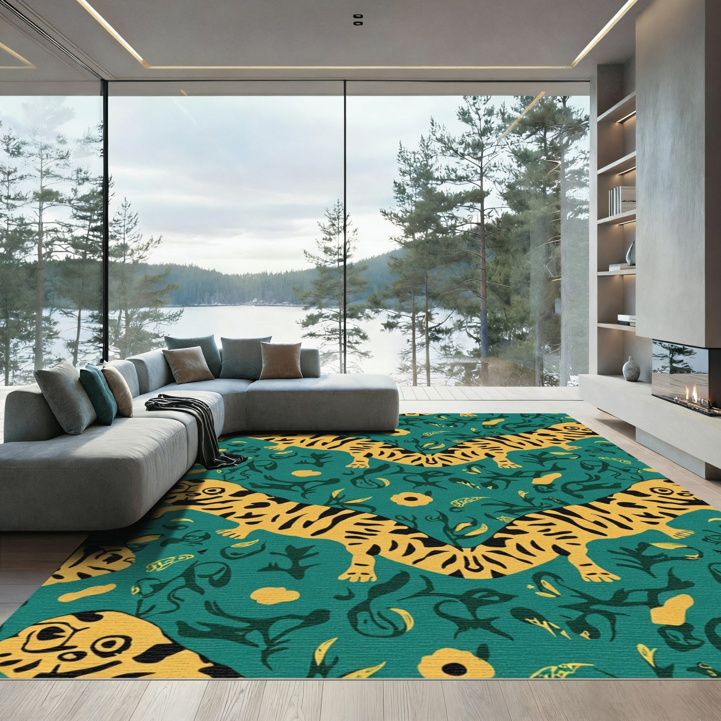Whimsical Yellow Tiger Jungle Pattern Rug