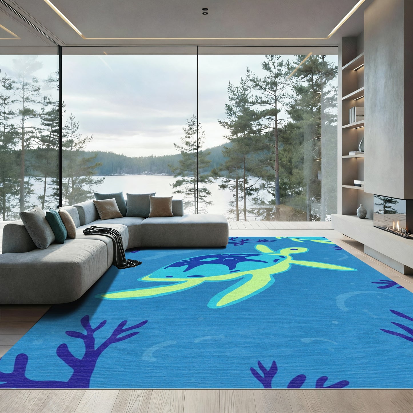 Aqua Teal Sea Turtle Coral Reef Rug