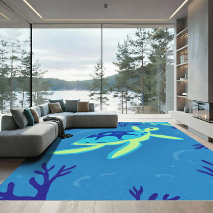 Aqua Teal Sea Turtle Coral Reef Rug