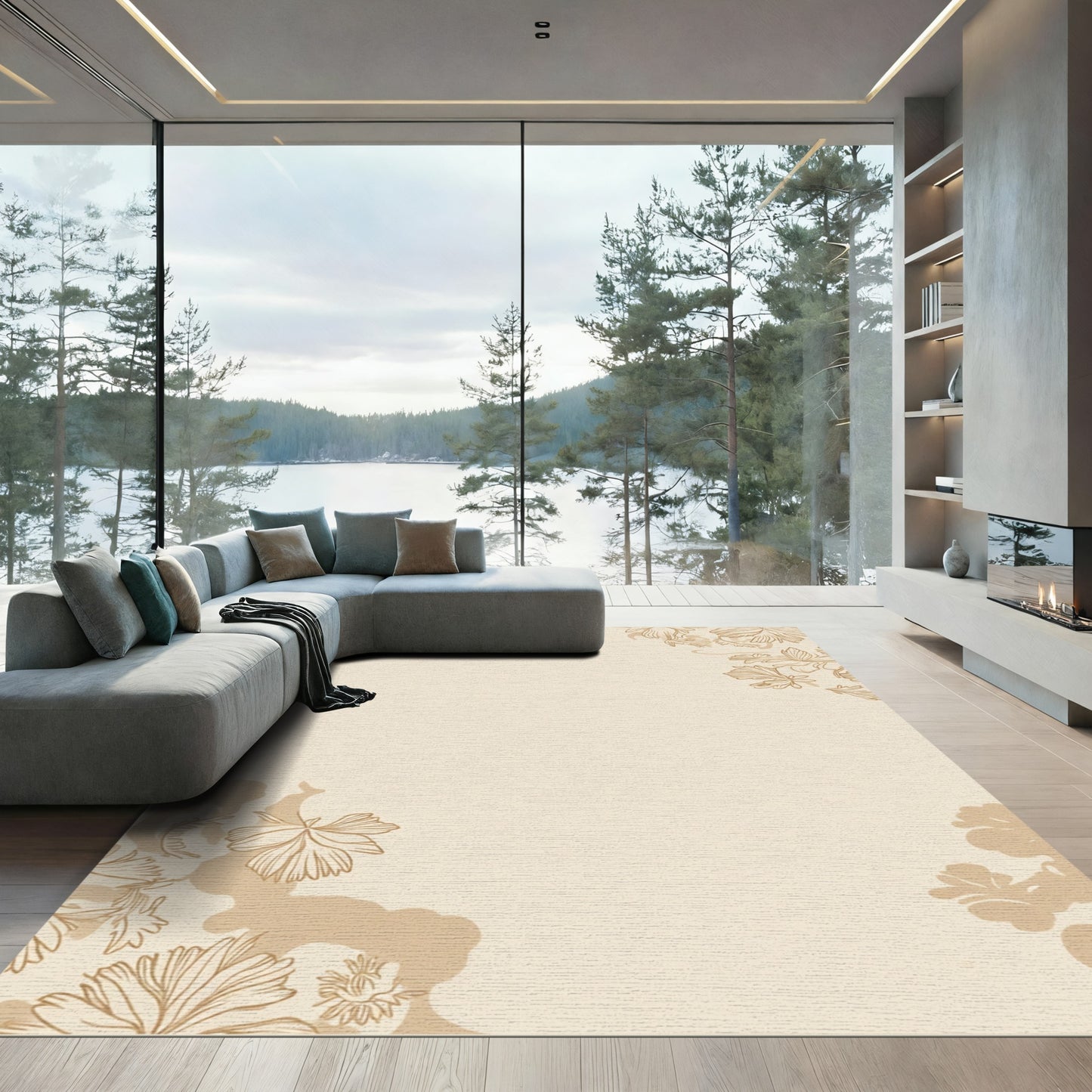 Cream Floral Edge Line Art Rug