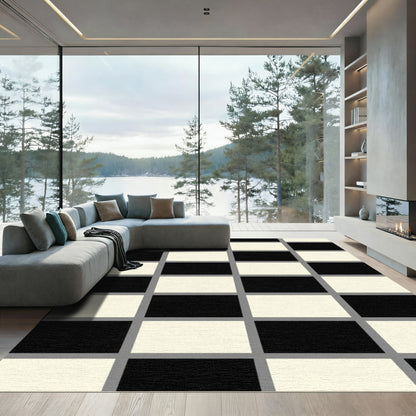 Bold Black Cream Brick Grid Rug