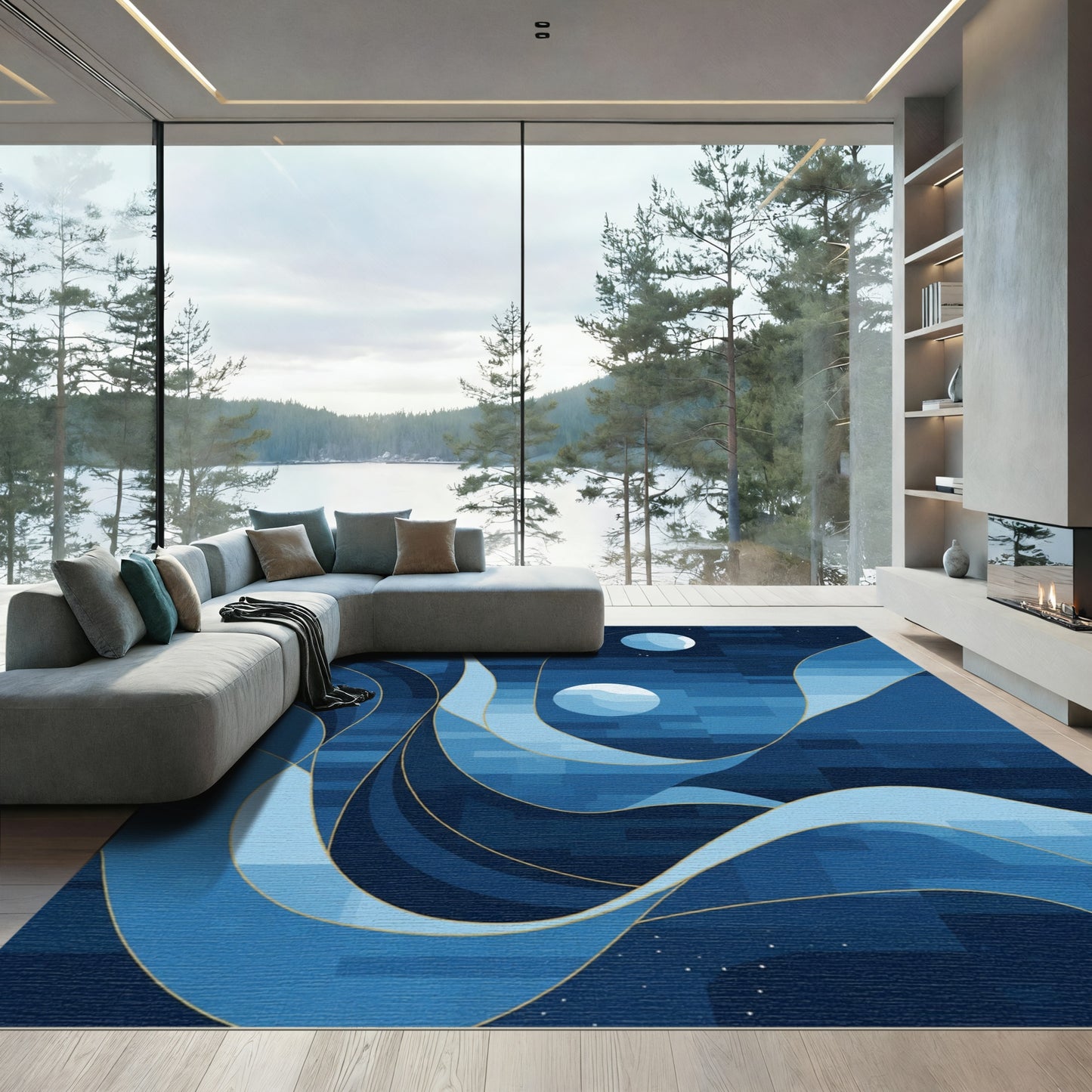 Deep Blue Mosaic Celestial Waves Rug