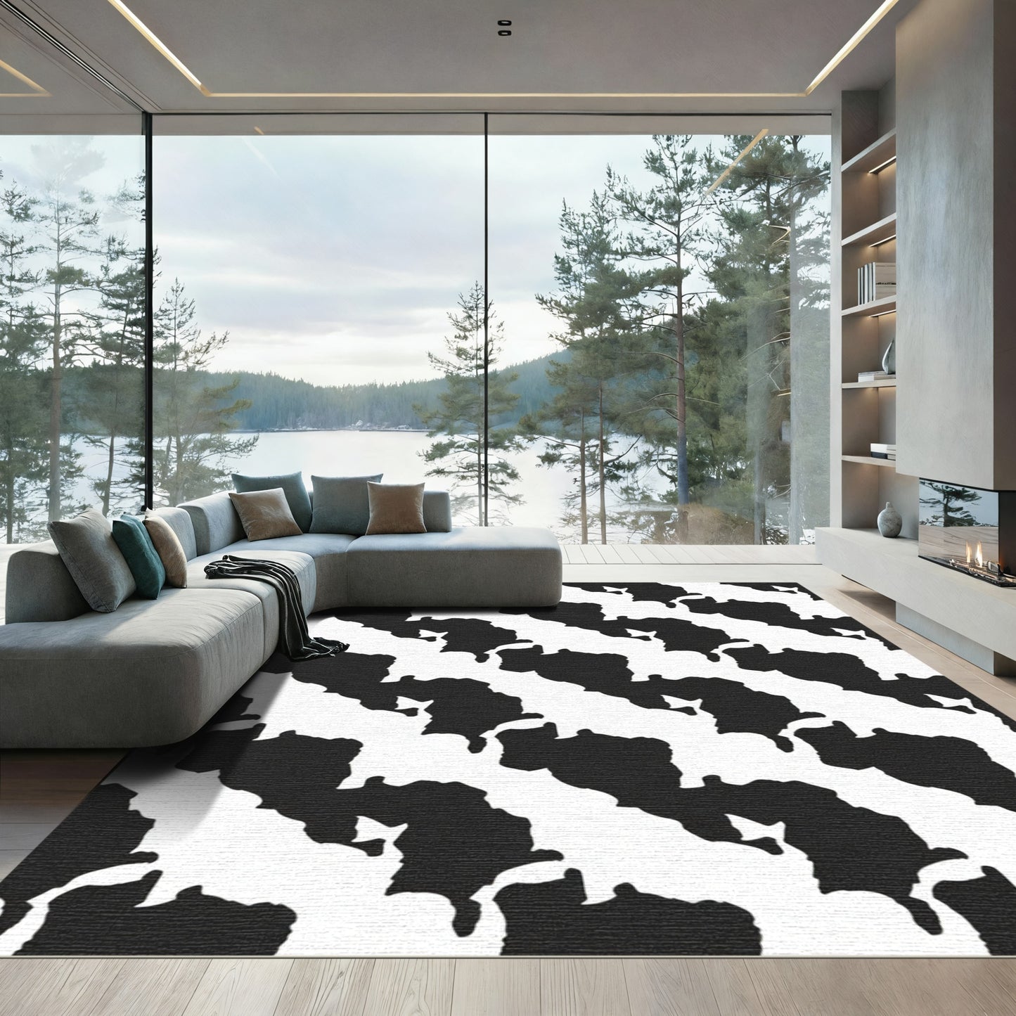 Diagonal Black White Abstract Organic Shapes Rug