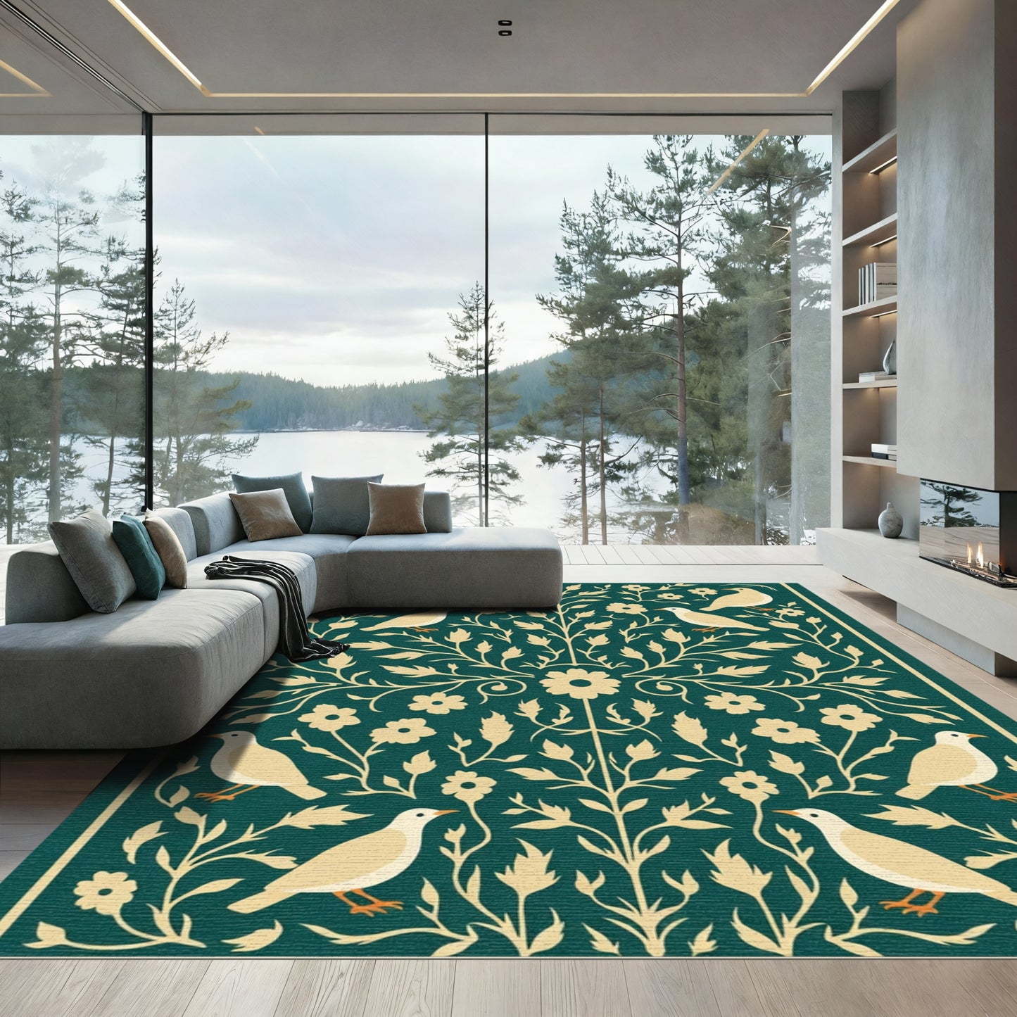 Cream Birds Floral Vine Art Rug