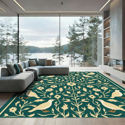 Cream Birds Floral Vine Art Rug