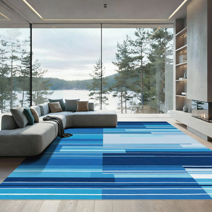 Modern Blue Geometric Stripe Rug