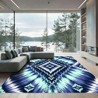 Teal Blue Jagged Diamond Chain Rug