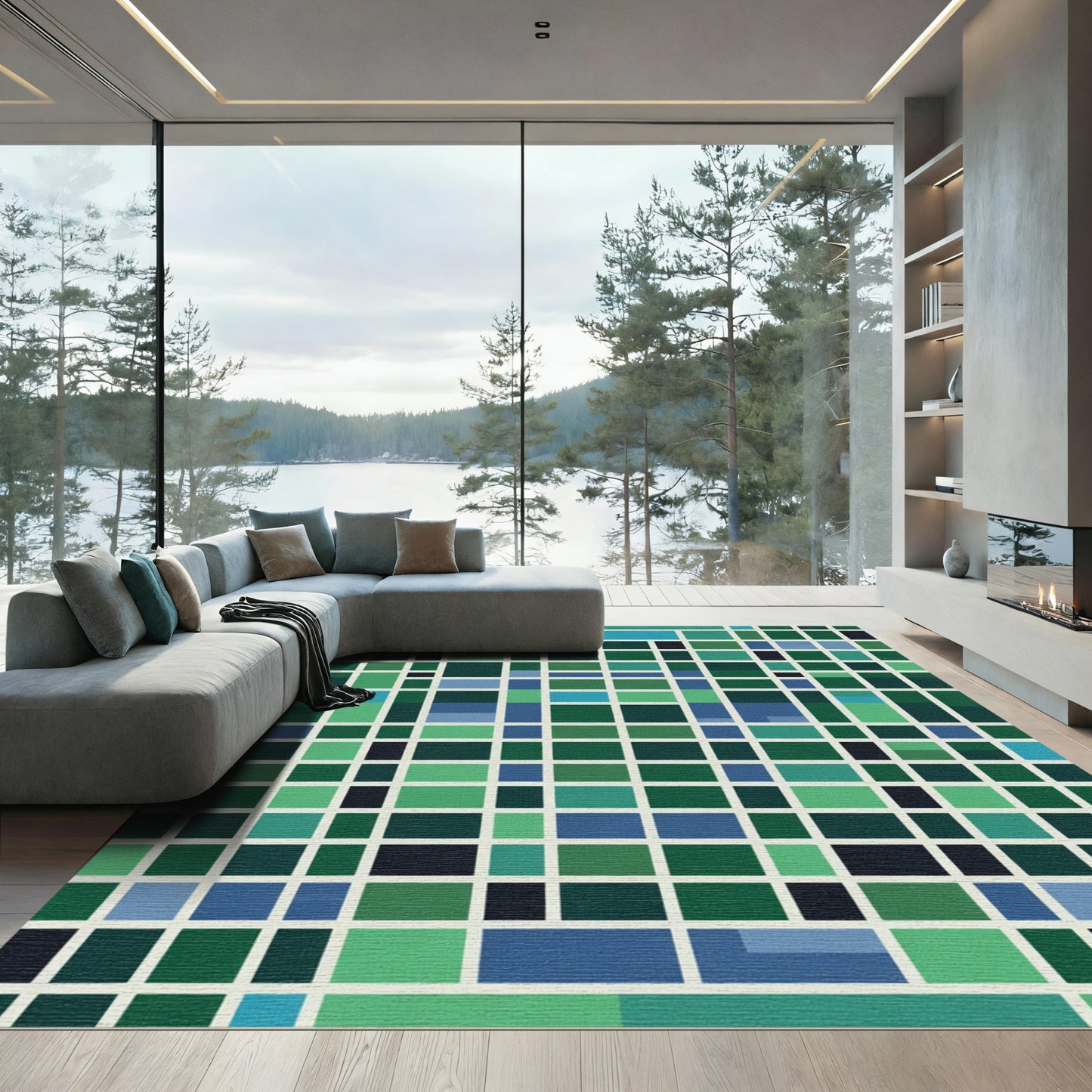 Modern Teal Blue Geometric Grid Rug