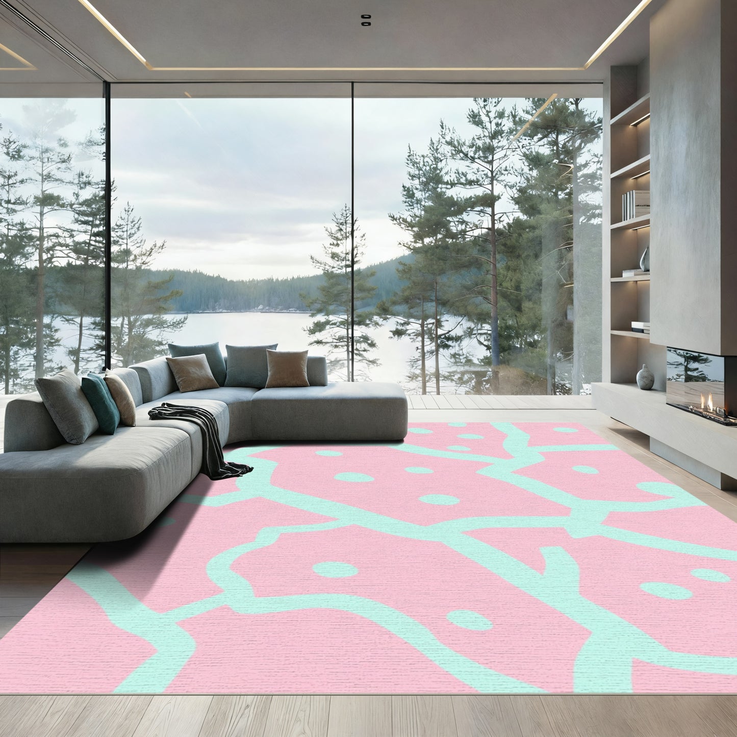 Pink Aqua Organic Dot Cluster Rug