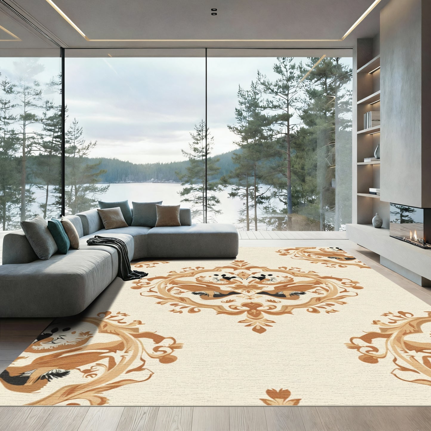 Golden Brown Animal Medallion Rug