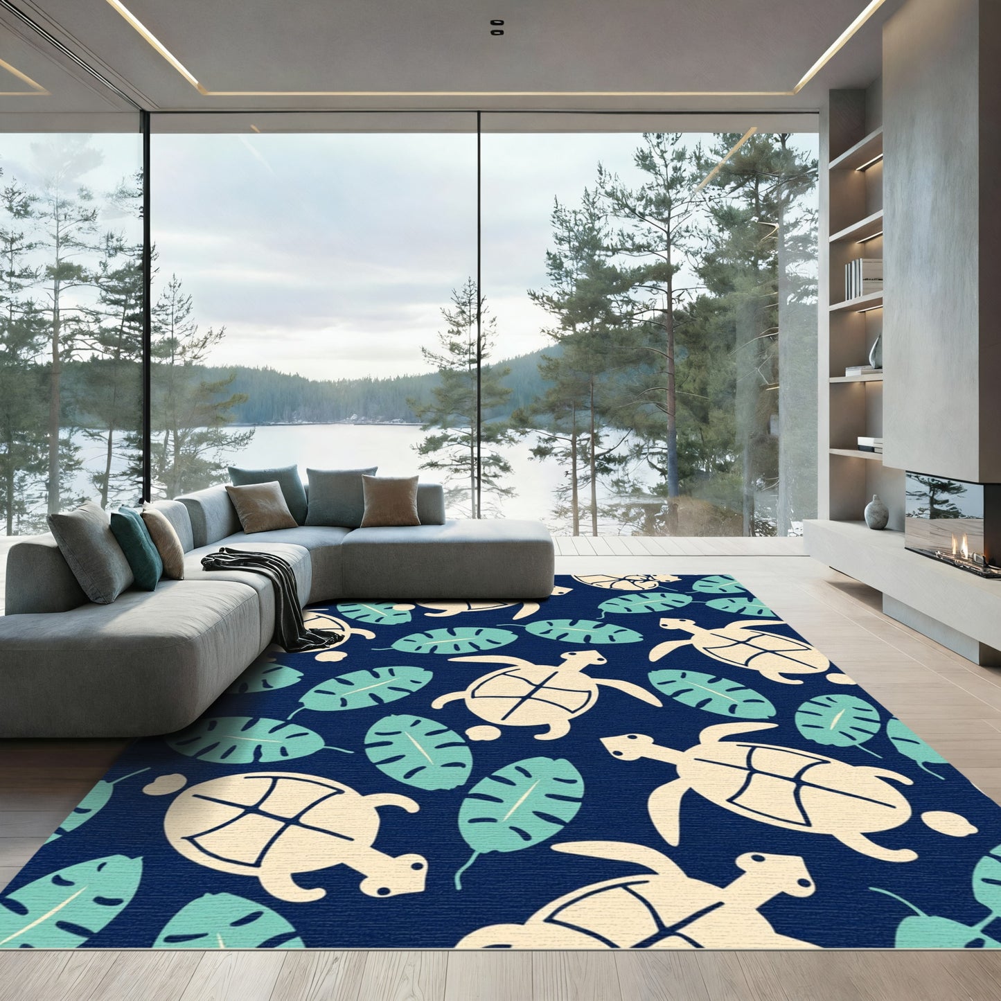 Coastal Cream Turtles Tropical Leaves Rug
