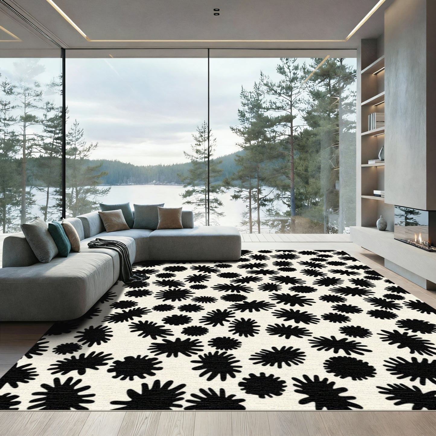 Black Starburst Sprinkle Cream Rug
