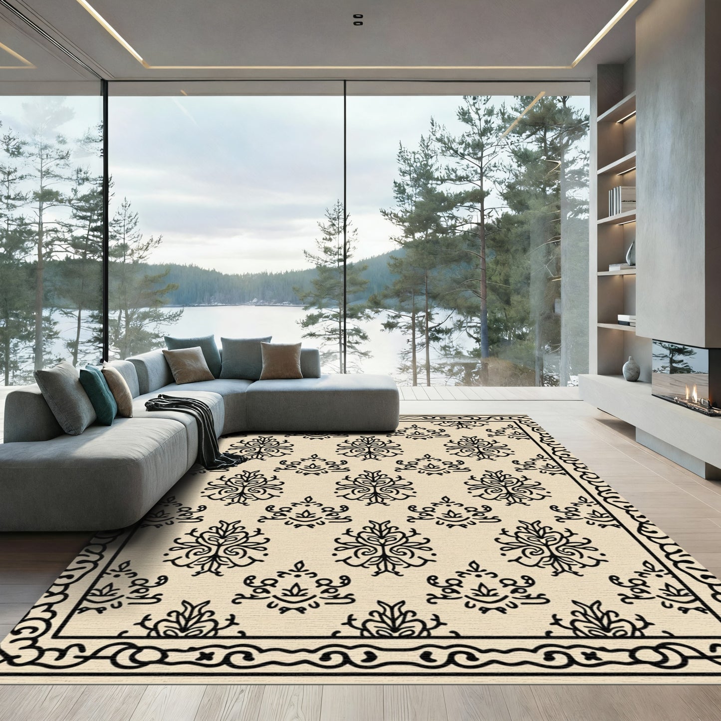 Cream Black damask allover border Rug