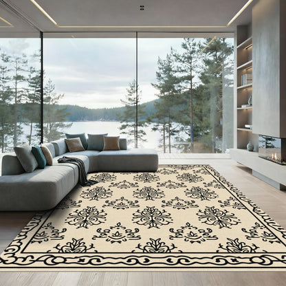 Cream Black damask allover border Rug