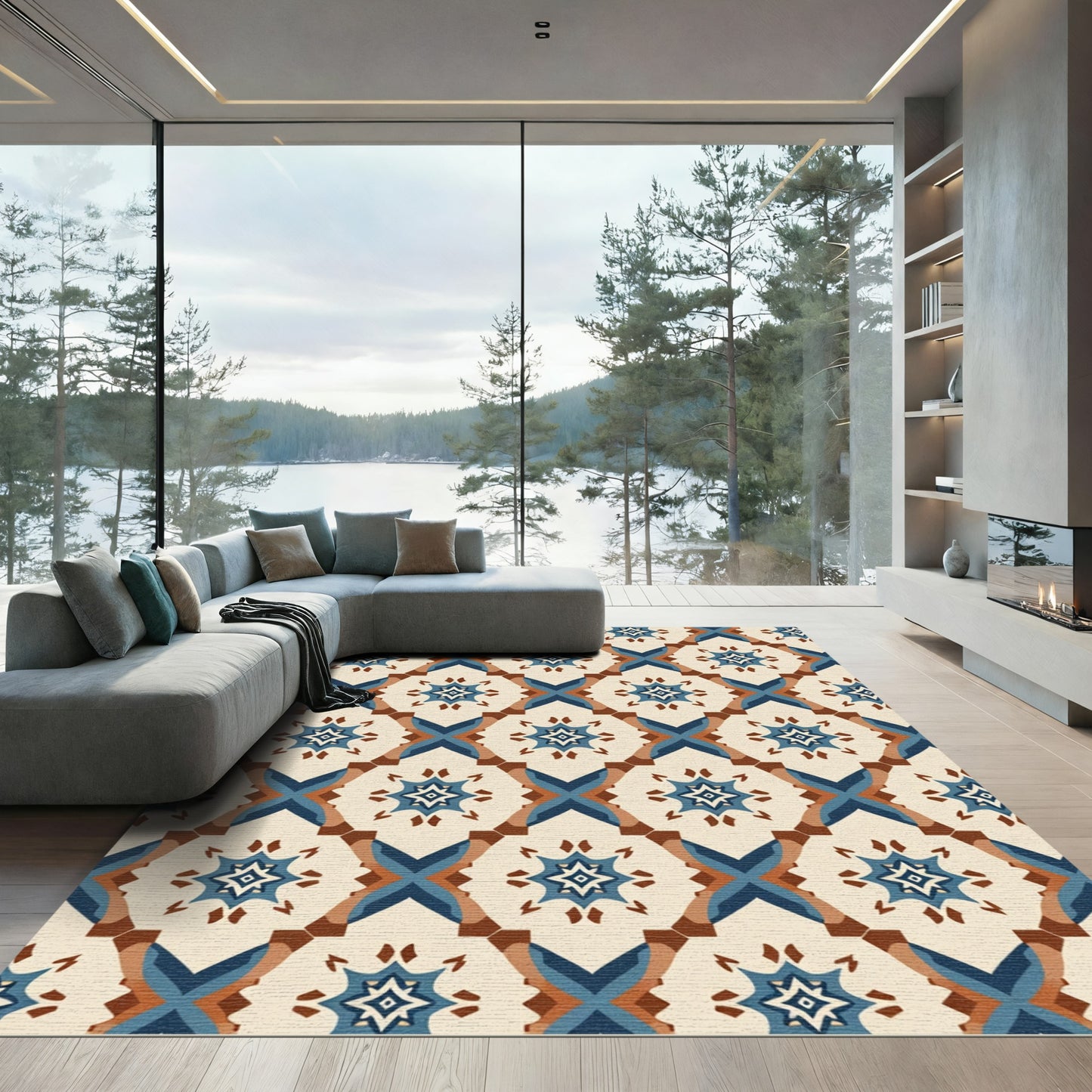 Cream Blue Geometric Starburst Diamond Rug