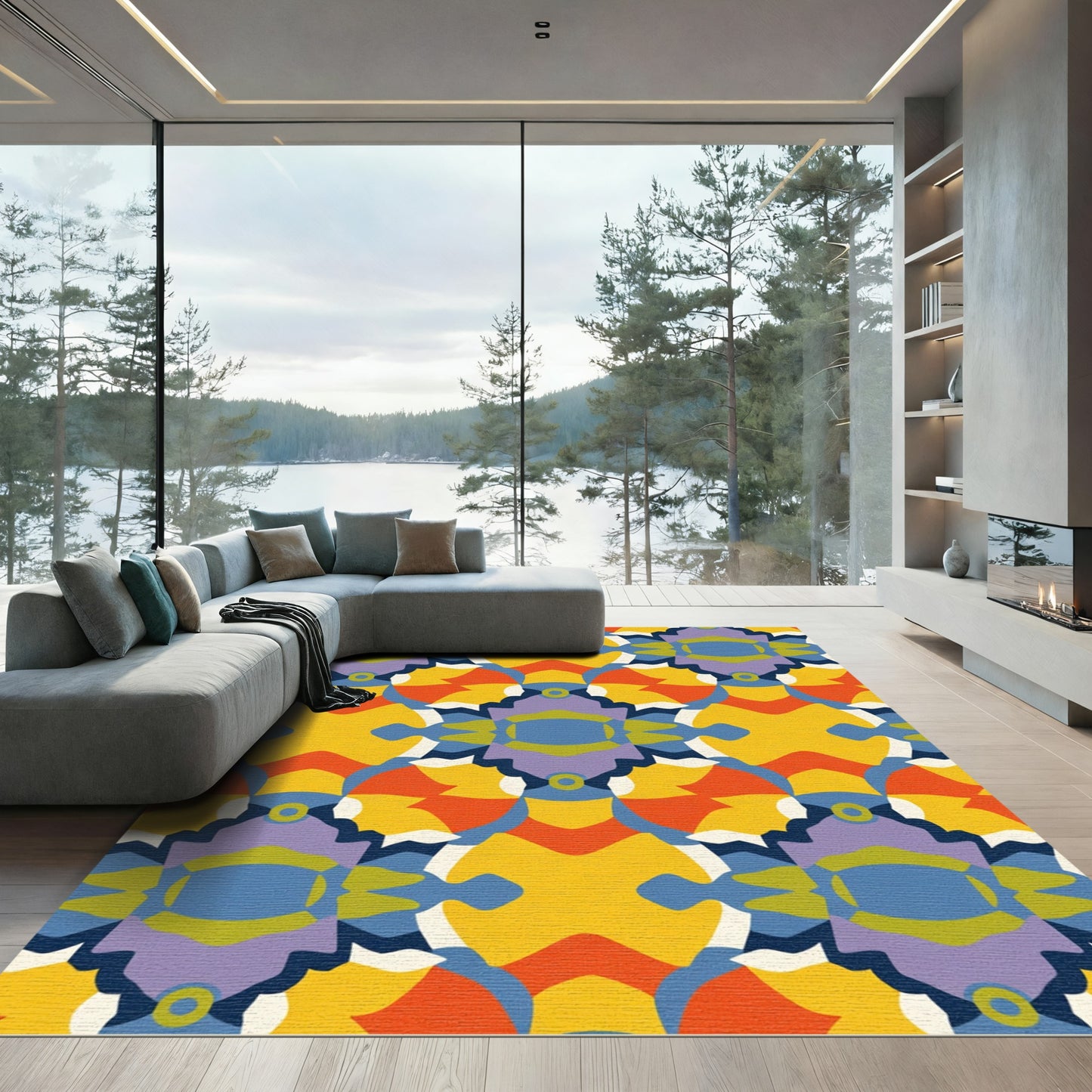 Vibrant Yellow Purple Abstract Symmetry Rug