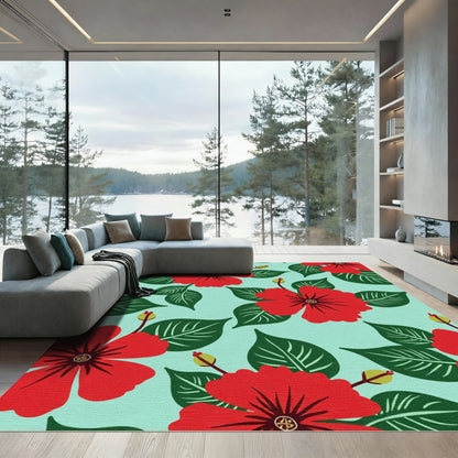 Red Tropical Hibiscus Floral Rug