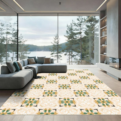 Golden Olive Floral Medallion Tile Rug