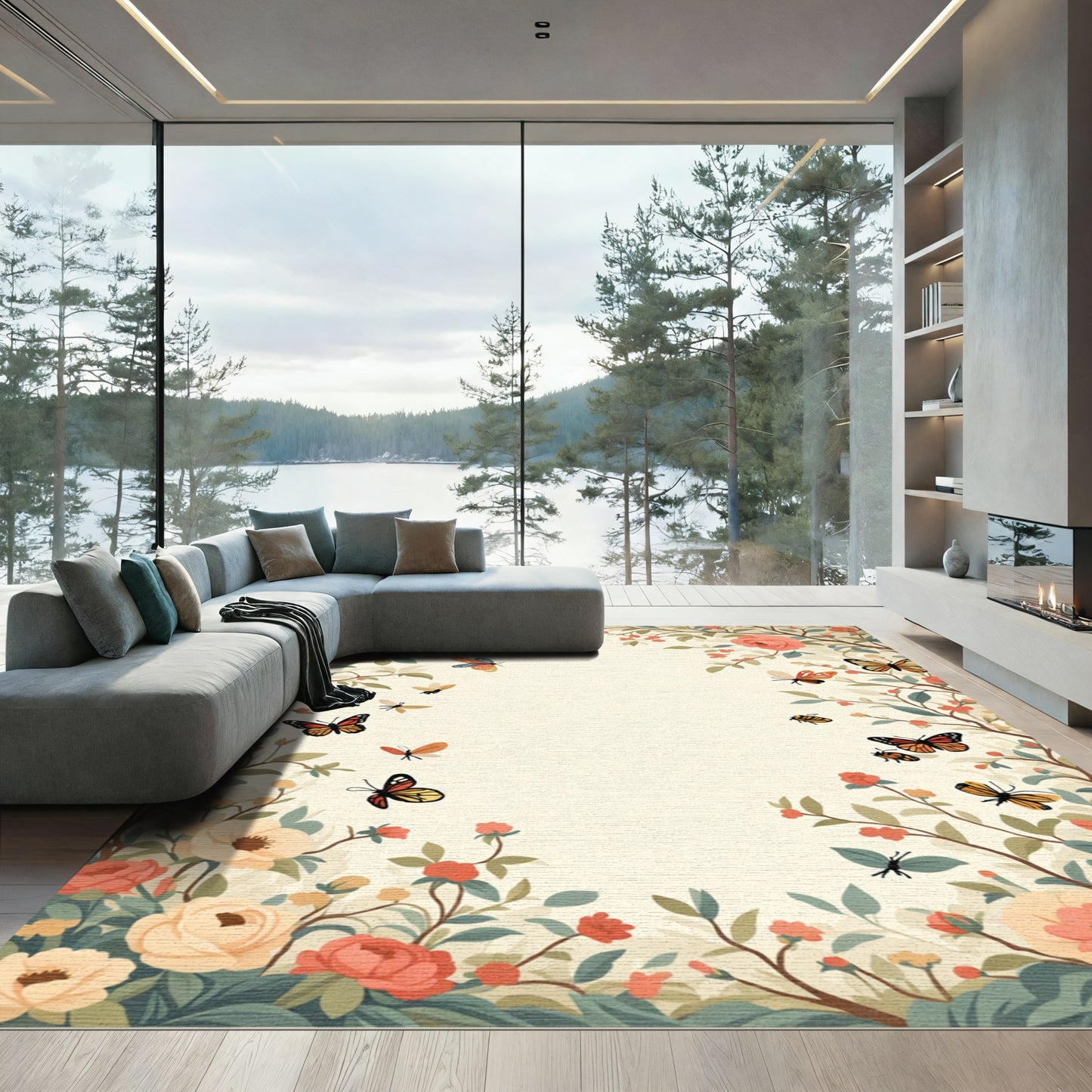 Whimsical Coral Floral Butterfly Meadow Rug