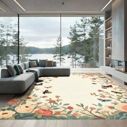 Whimsical Coral Floral Butterfly Meadow Rug