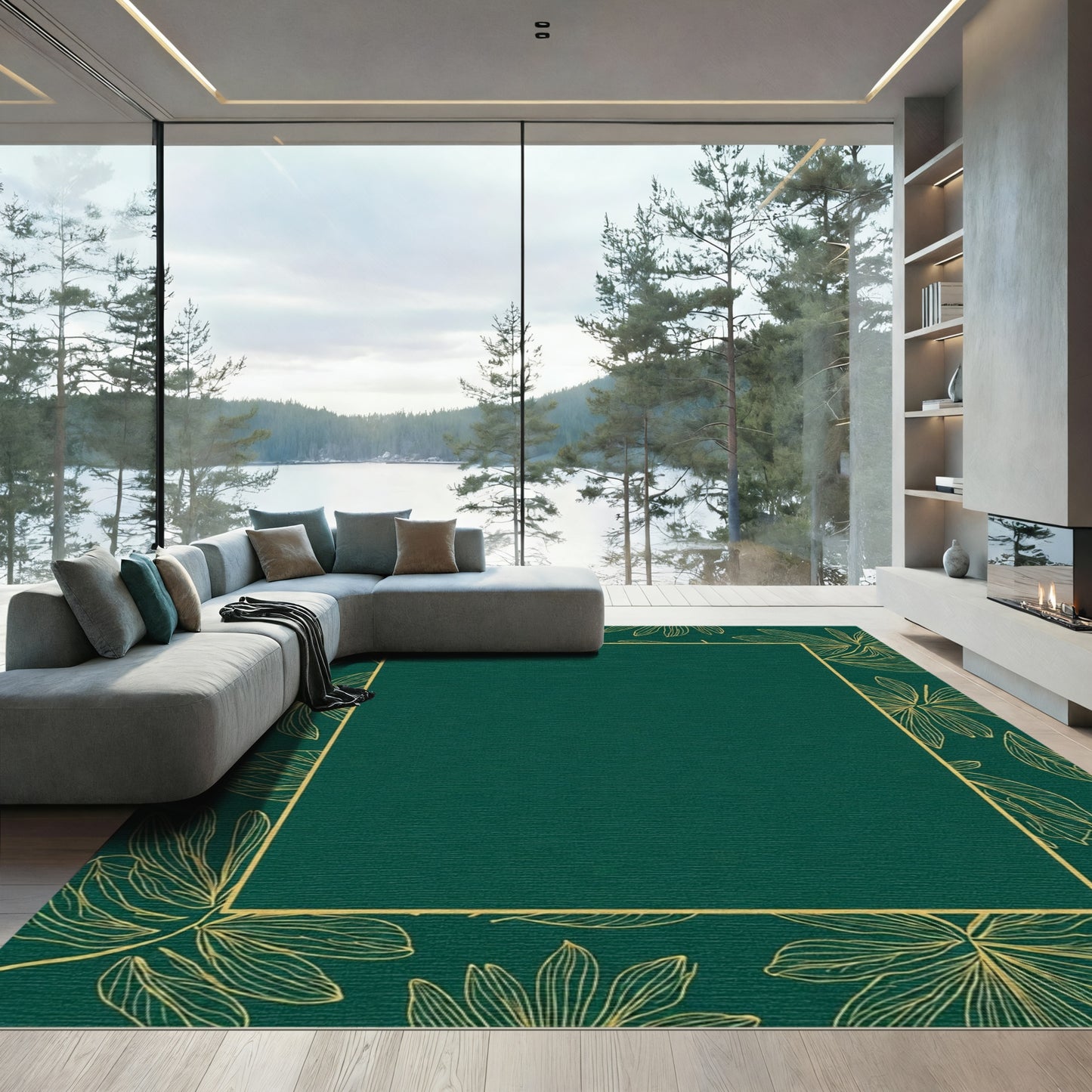 Emerald Green Outline Leaf Square Rug