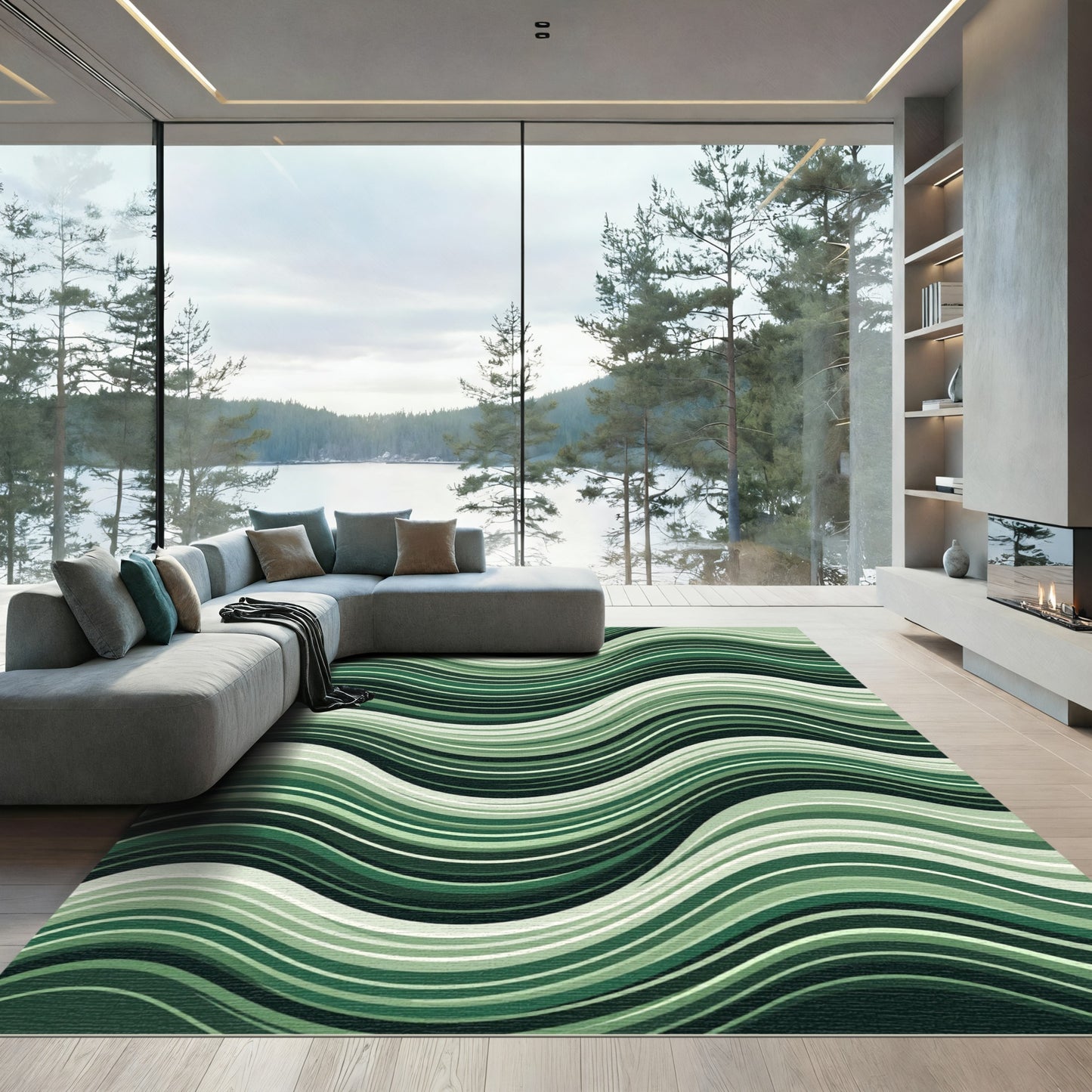 Deep Emerald Abstract Wavy Stripes Rug